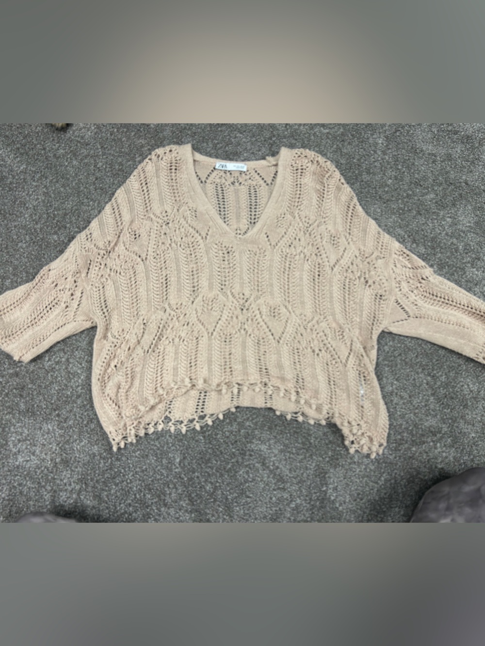 Zara Beige Open-Knit Scoop Neck Sweater